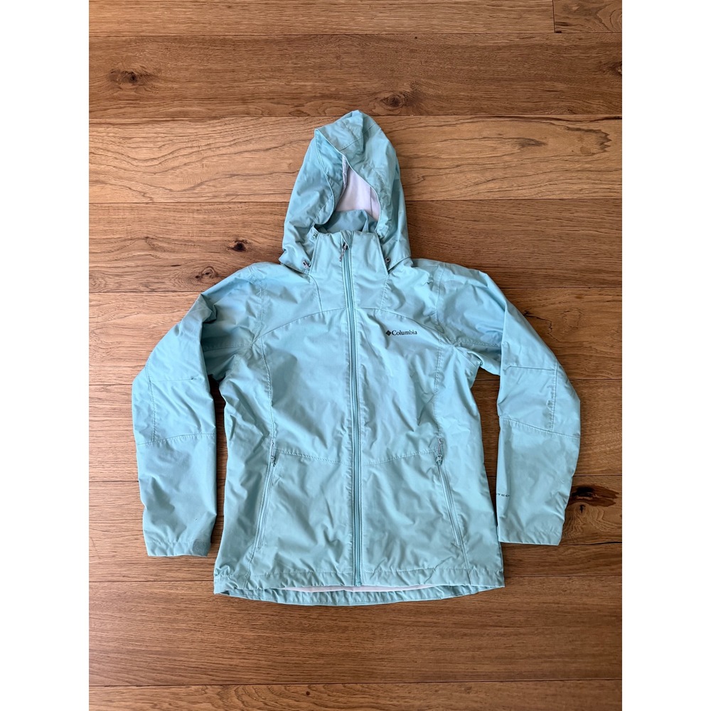Columbia Interchange Rain Jacket Womens Medium Aqua Blue Hooded Omni-Tech XL9954